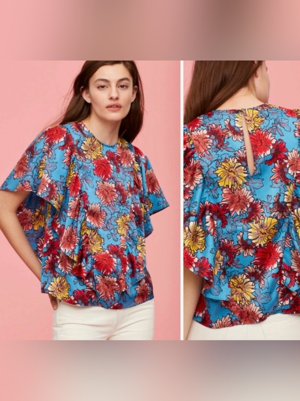 Aritzia Little Moon Yarrow Blouse Floral Flutter Sleeve Keyhole Back Colourful